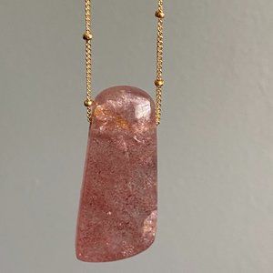 Pratt Daddy Strawberry Quartz Pendant with 14k Gold filled ball station chain